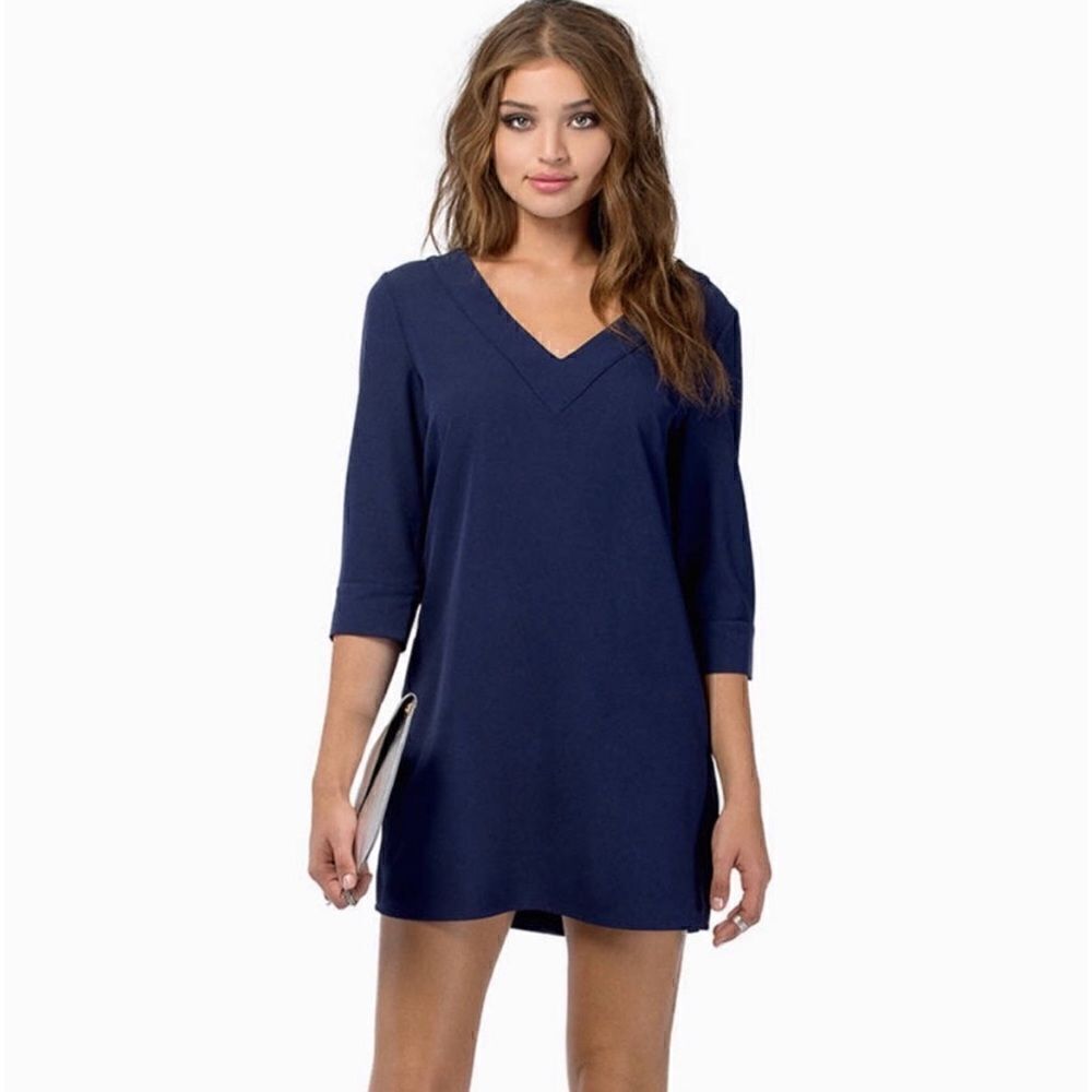 Tobi Navy Blue 3/4 Sleeve V-Neck Sheath Shift Mini Dress, Size Small